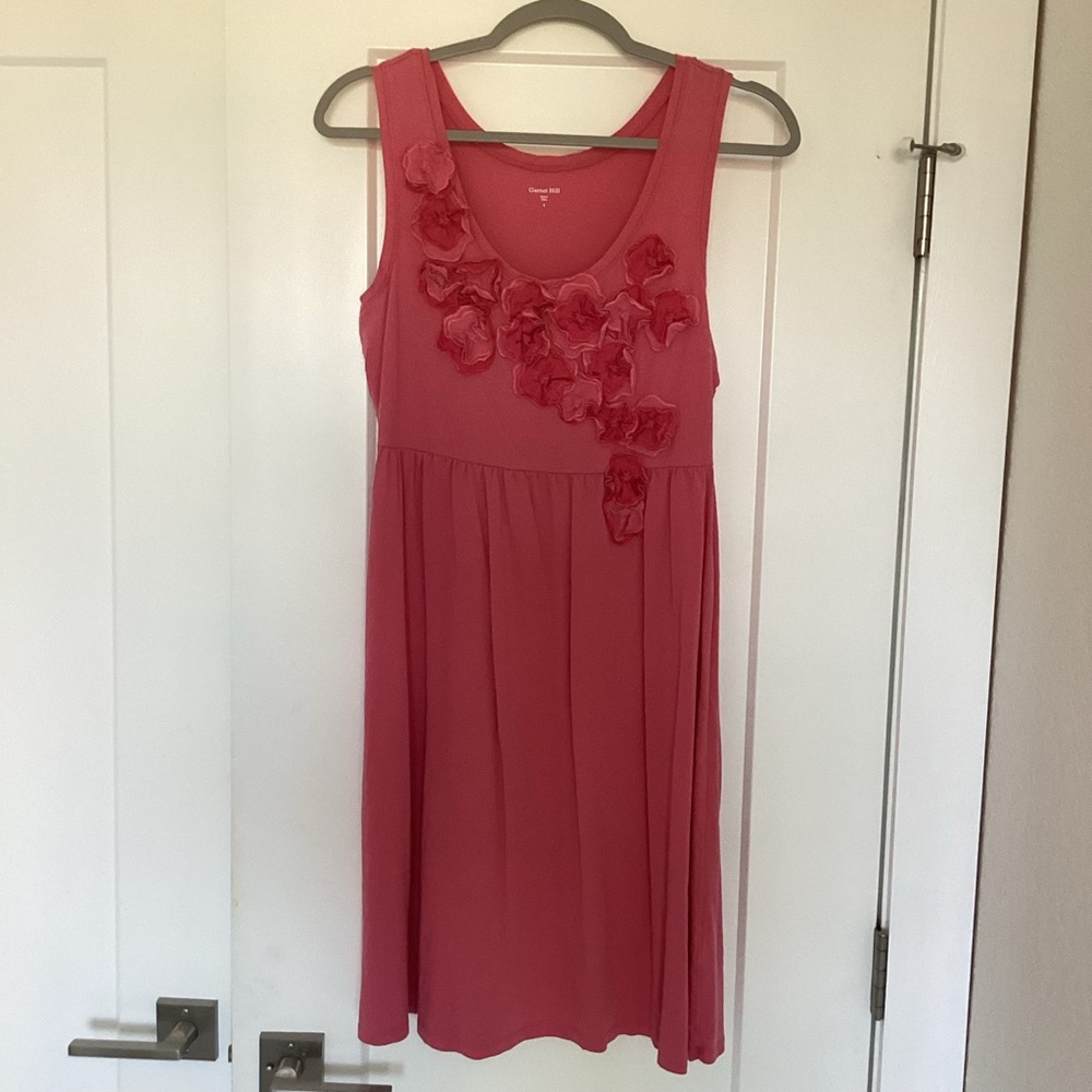 Garnet Hill Pink Floral Cotton Knit Dress with Floral Appliqué size Small